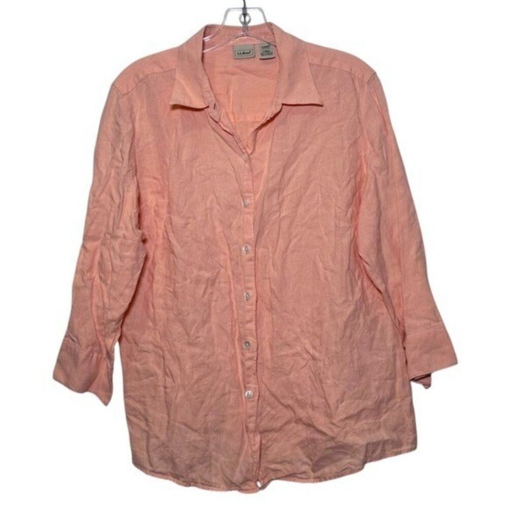 LL Bean Women's L 100% Linen Button Down Shirt L/S Peach Orange Vintage 0 DNH4